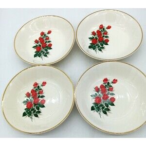 Vtg Sabin American Beauty Red Rose Bouquet 4 Salad Soup Bowls 22K Gold Rim 7.5"